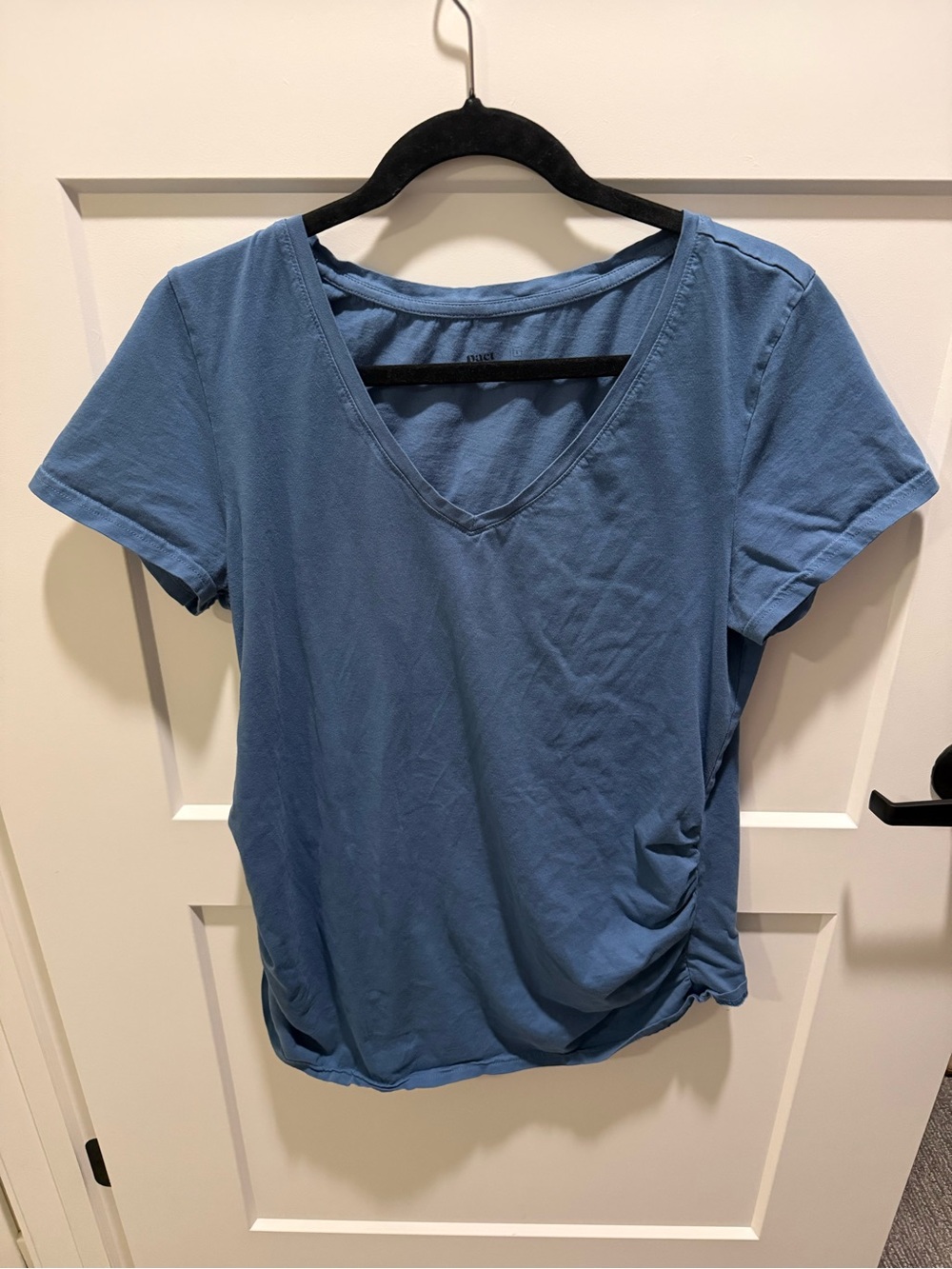 PACT Organic Cotton Ruched Side V-Neck Tee Blue Short Sleeve T-Shirt Women’s L
